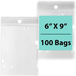 6X9 inches Reclosable Poly Bags with Hang Hole 2 Mil (LDPE) Single Track Zipper