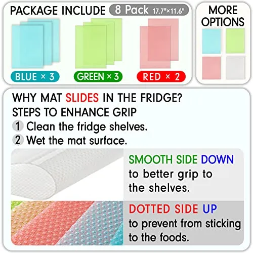 8 Pcs Refrigerator Liners, MayNest Washable Mats Covers Pads, Home Kitchen Gadgets Accessories Organization for Top Freezer Glass Shelf Wire Shelving Cupboard Cabinet Drawers (3 Blue 3 Green 2 Red)