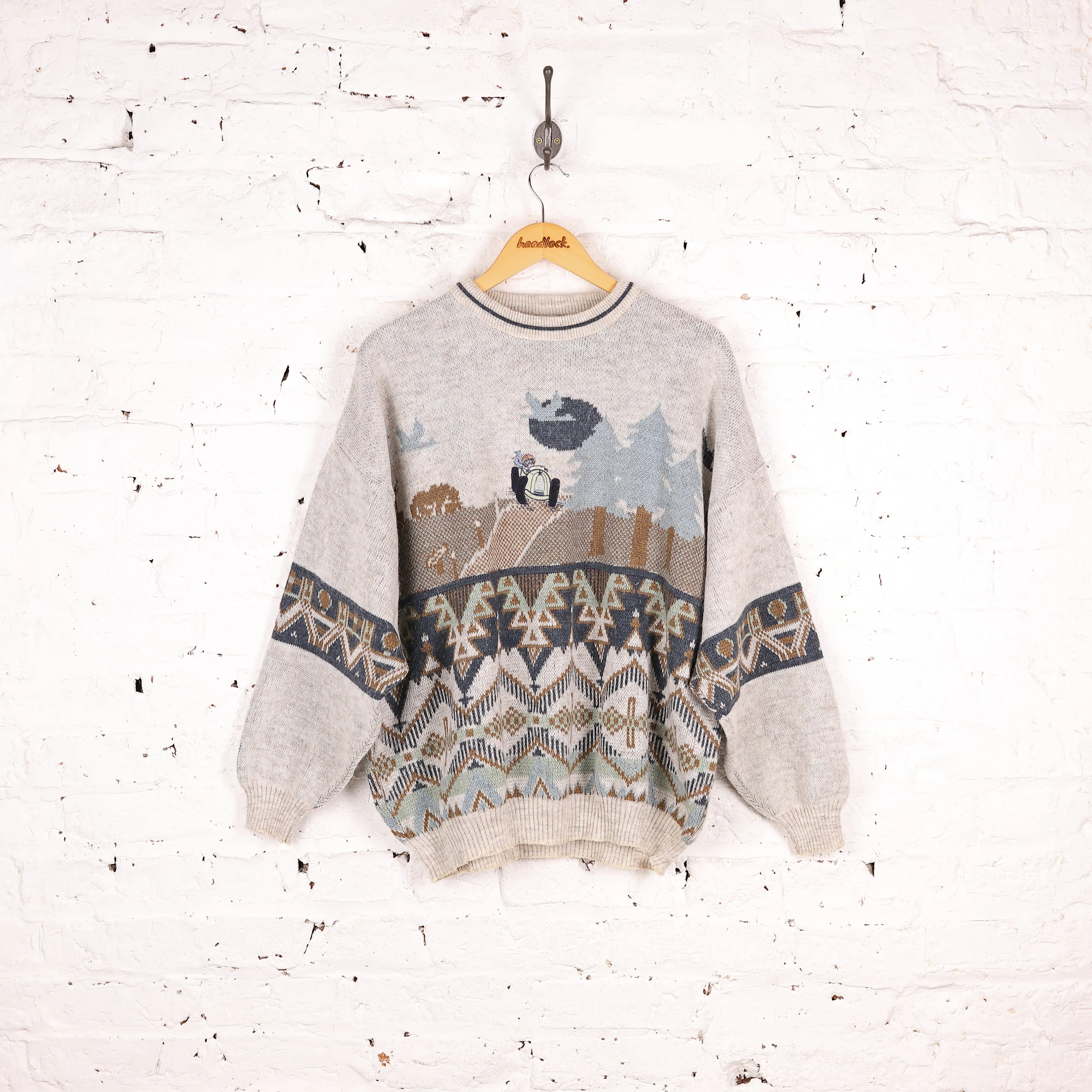 90's Pattern Knit Jumper - Beige - XL