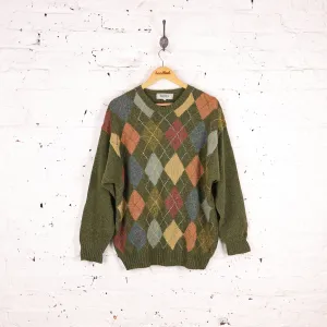 90's Pattern Knit Wool Jumper - Green - L