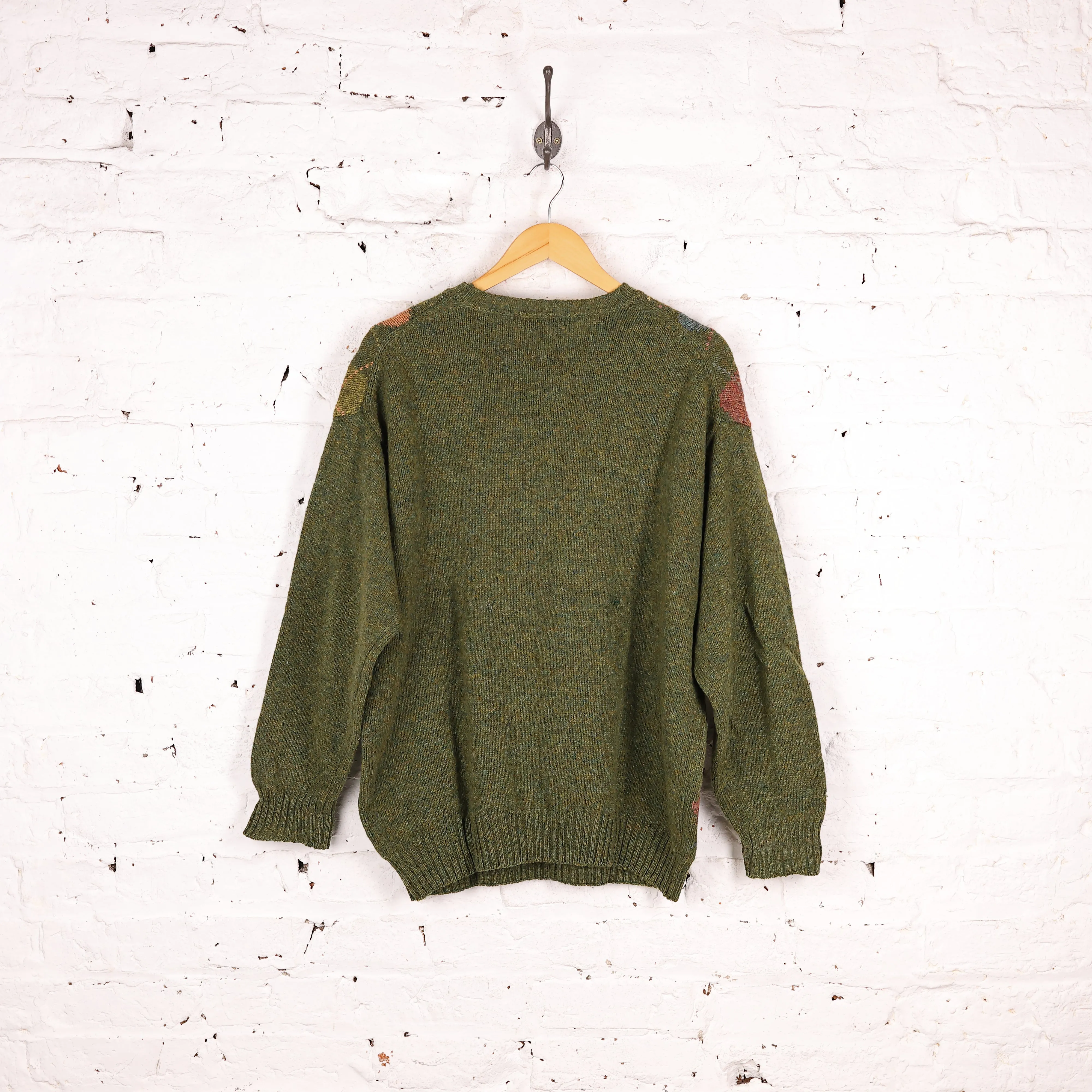 90's Pattern Knit Wool Jumper - Green - L
