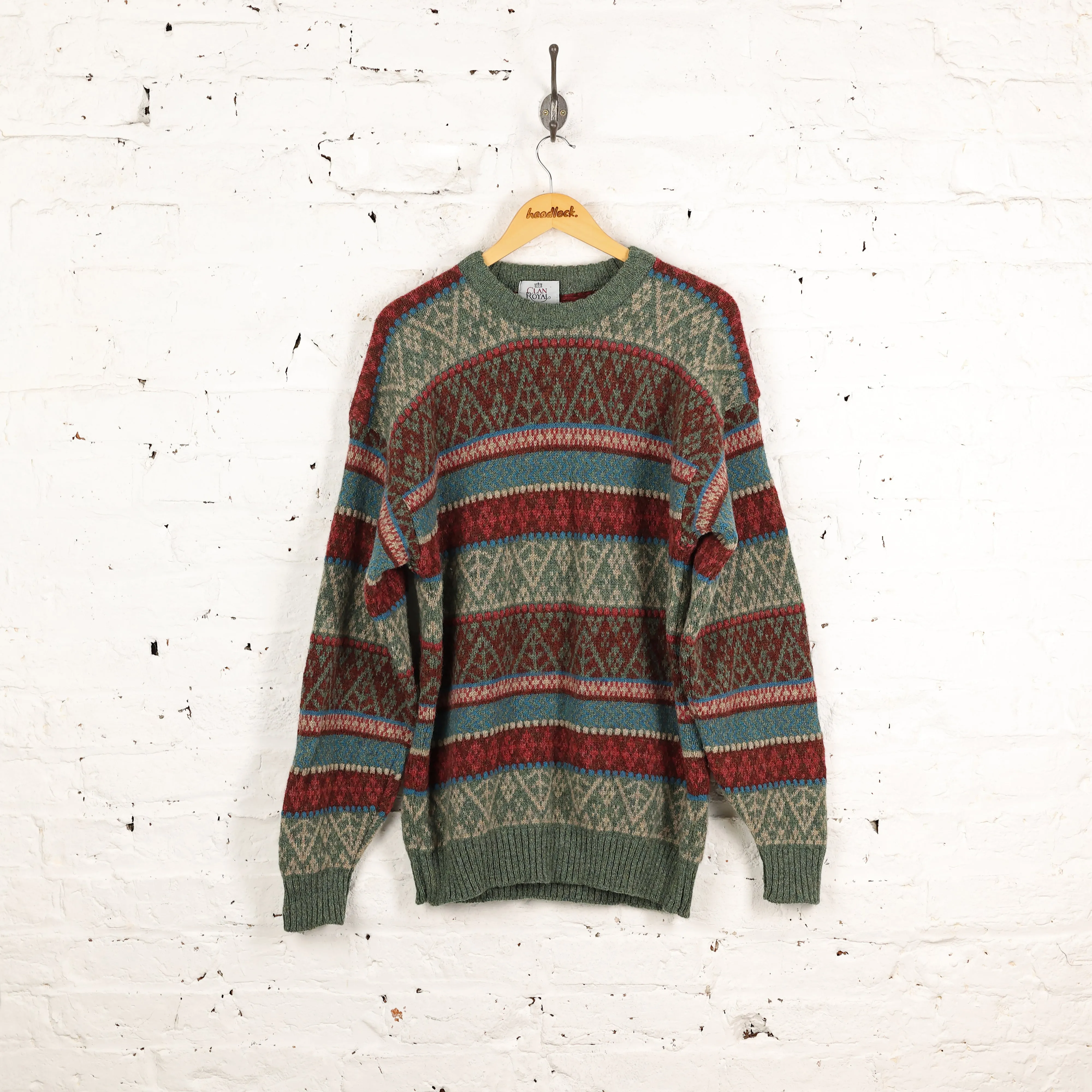 90s Wool Pattern Knit Jumper - Green - L