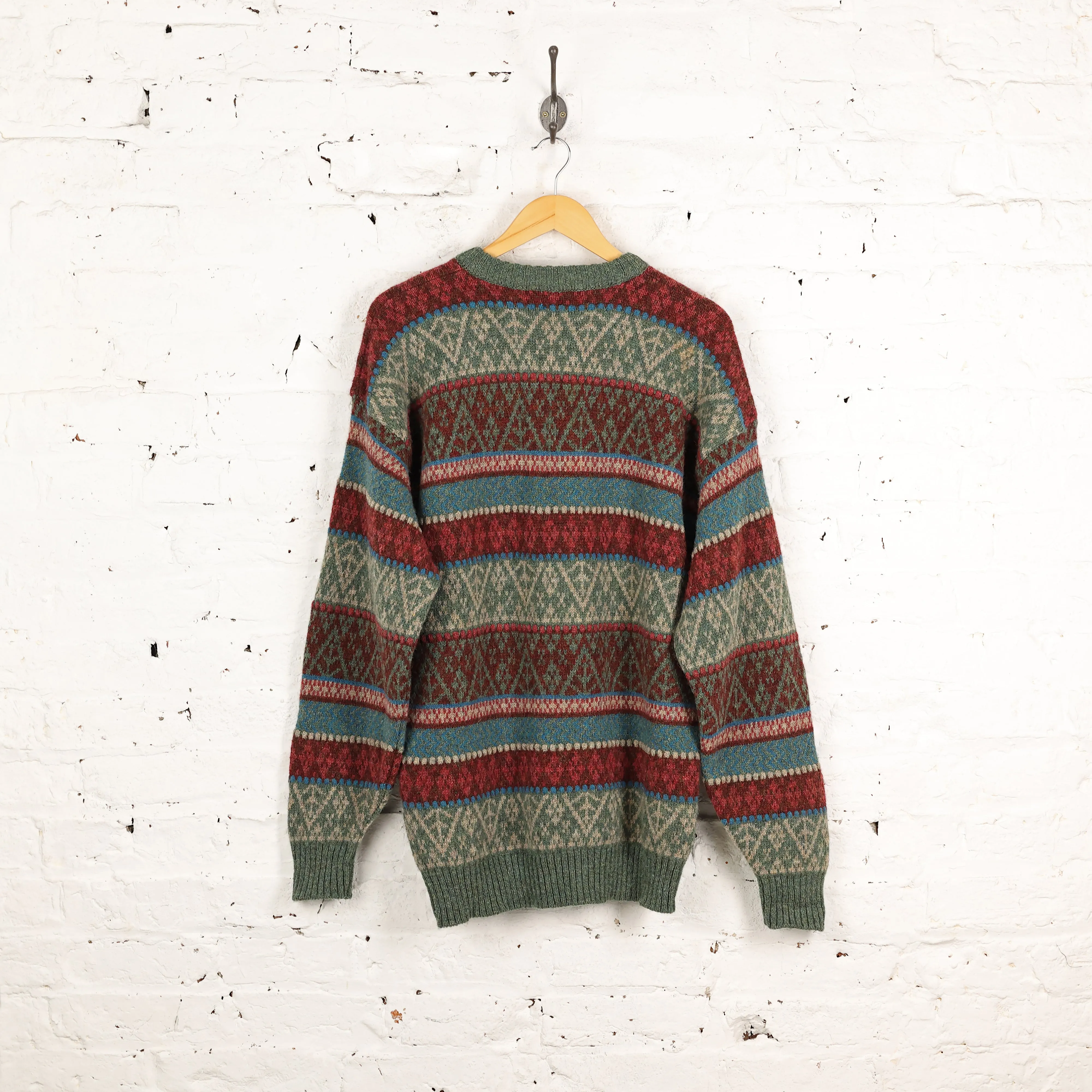 90s Wool Pattern Knit Jumper - Green - L