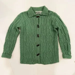 Aran Crafts 100% Merino Wool Chunky Knit Cardigan Sweater Ireland Green Size S
