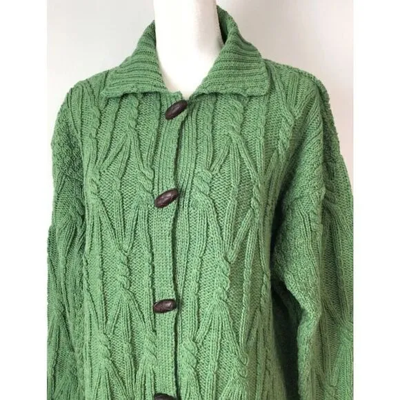 Aran Crafts 100% Merino Wool Chunky Knit Cardigan Sweater Ireland Green Size S