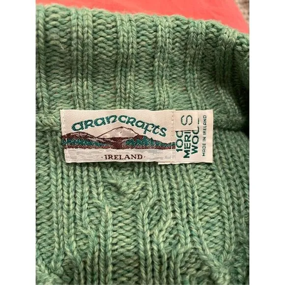 Aran Crafts 100% Merino Wool Chunky Knit Cardigan Sweater Ireland Green Size S
