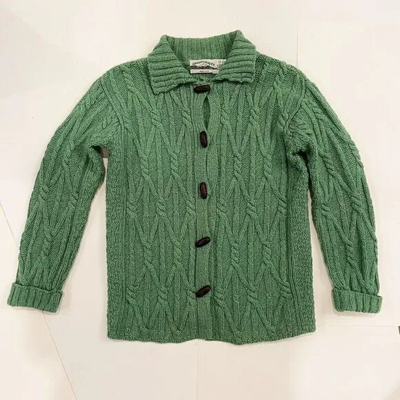 Aran Crafts 100% Merino Wool Chunky Knit Cardigan Sweater Ireland Green Size S