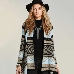 Autumn Winter Warm Poncho Shawls Geometric Vintage Blanket Women's Lady Knit Shawl Cape  Gray Blue Stripe Patchwork Long Sleeve