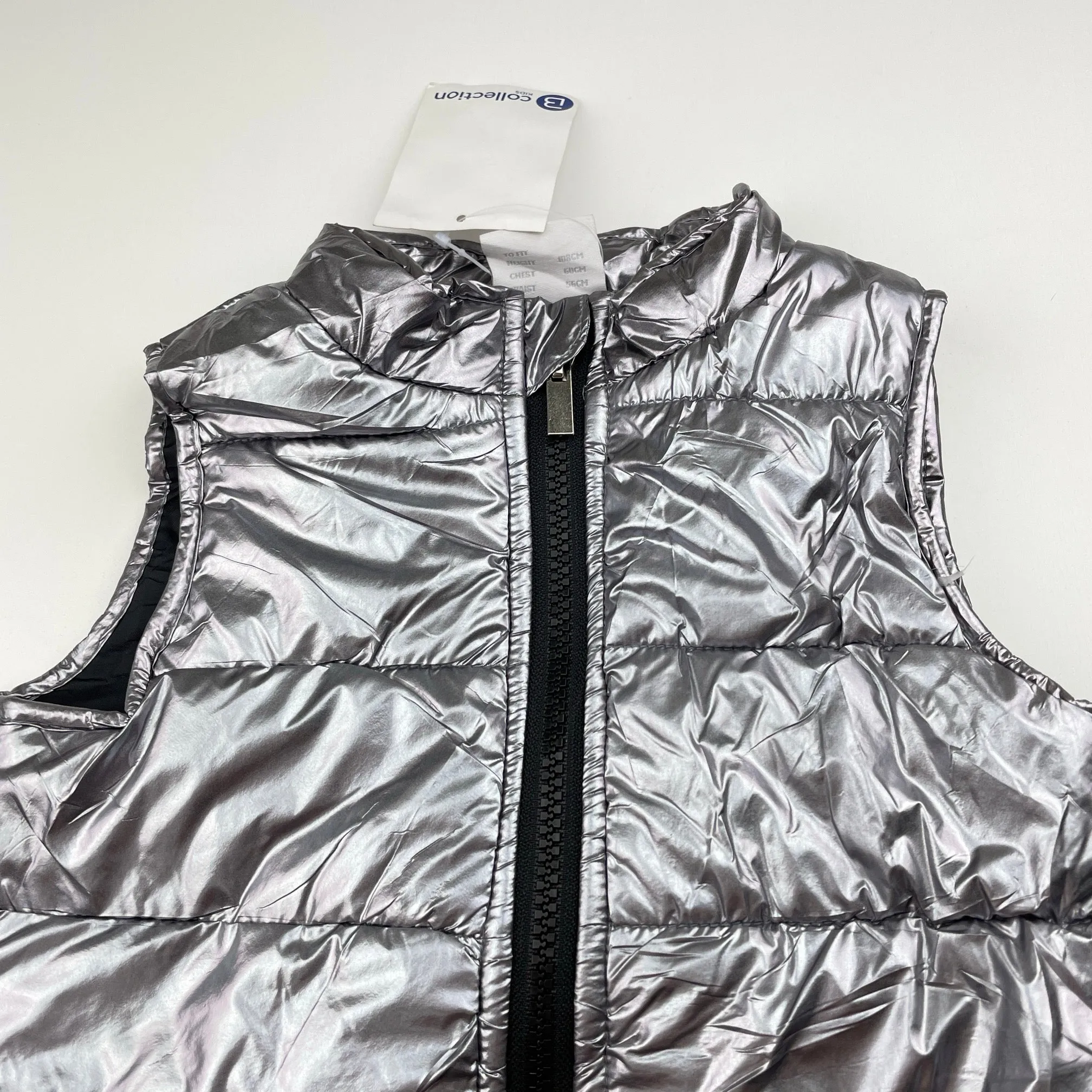 B Collection metallic silver puffer vest / jacket, size 4, BNWT