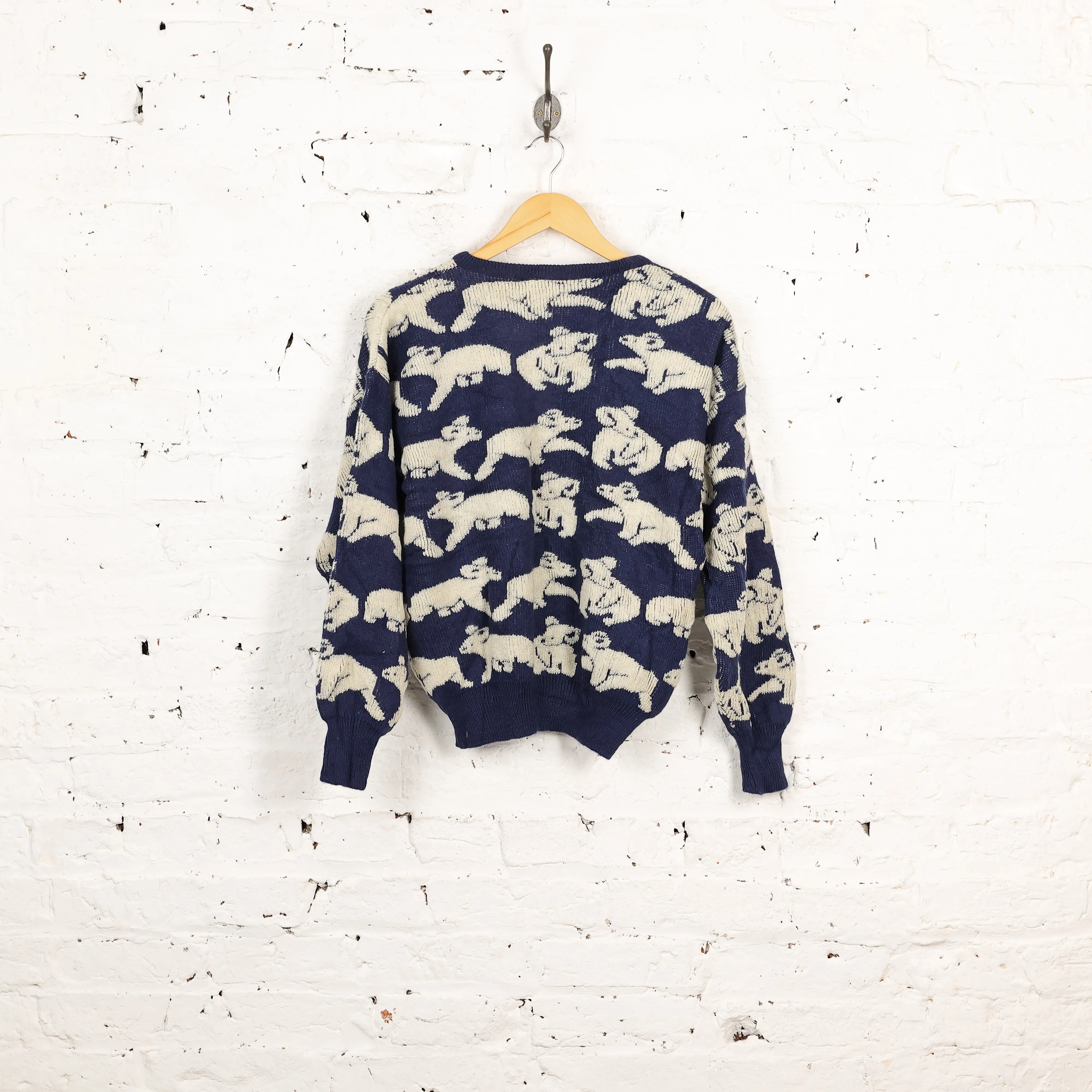 Bears Picture Knit Wool Jumper - Blue - S