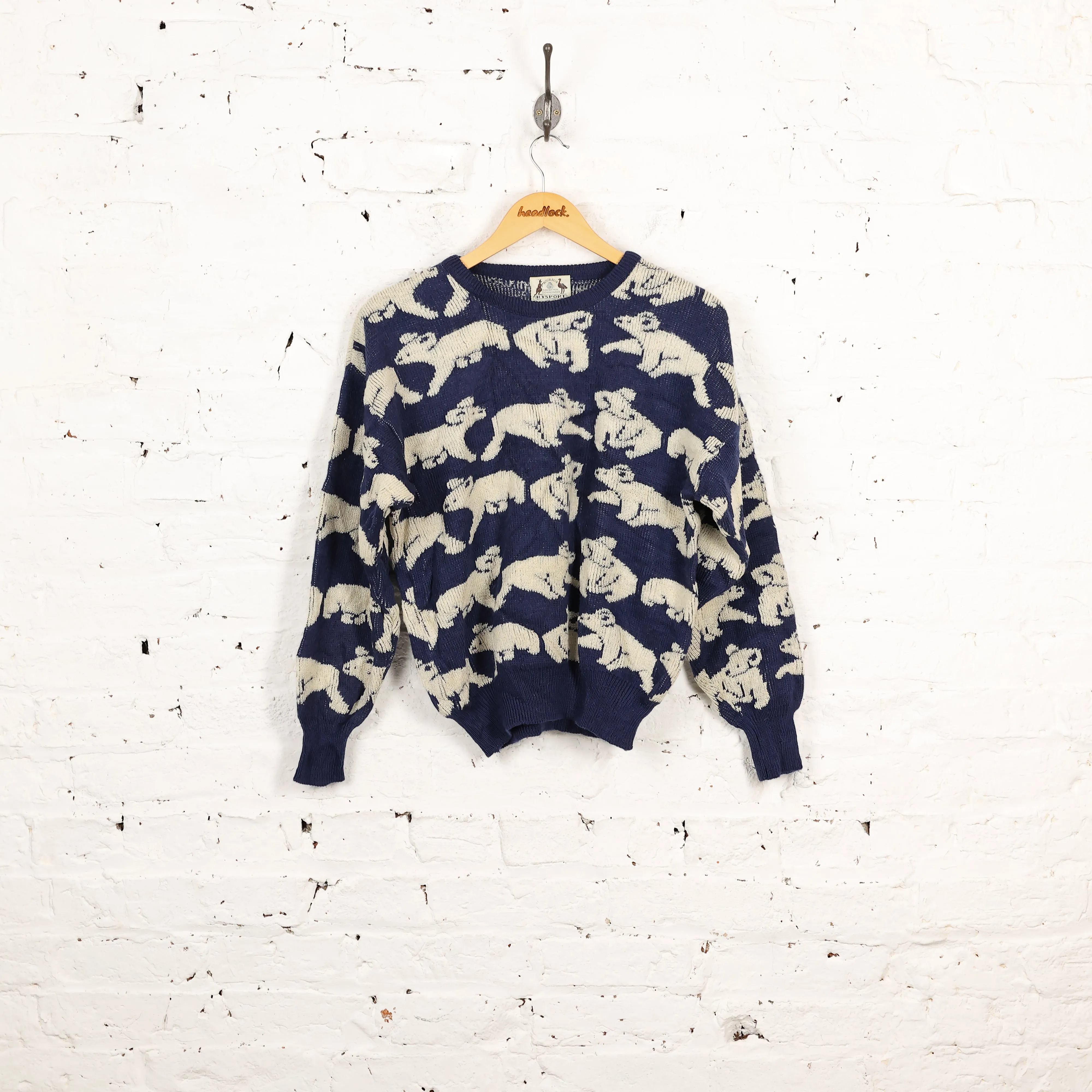 Bears Picture Knit Wool Jumper - Blue - S