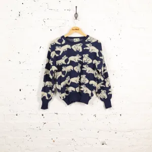 Bears Picture Knit Wool Jumper - Blue - S
