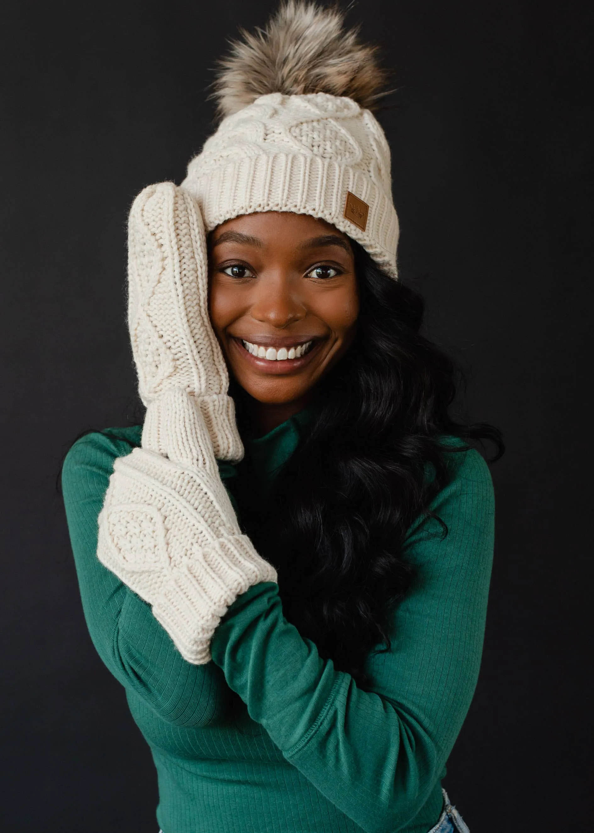 Beige Cable Knit Pom Hat