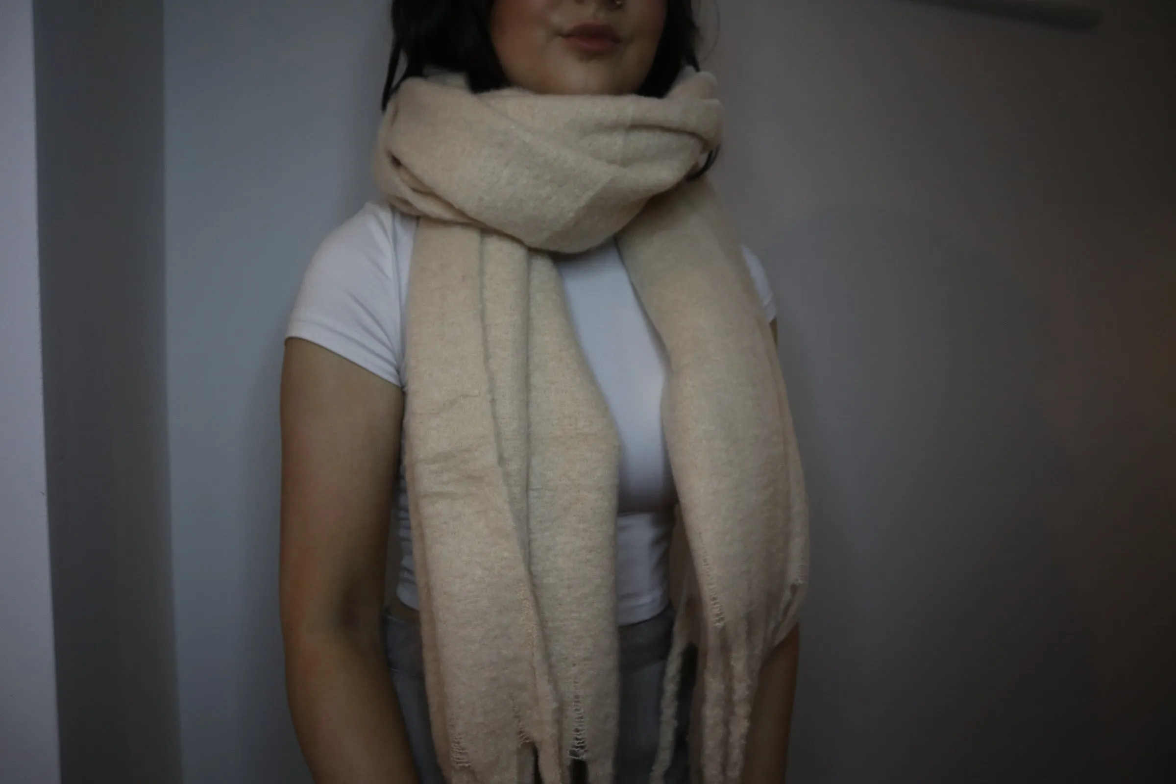 Beige Plain Tassel Blanket Scarf
