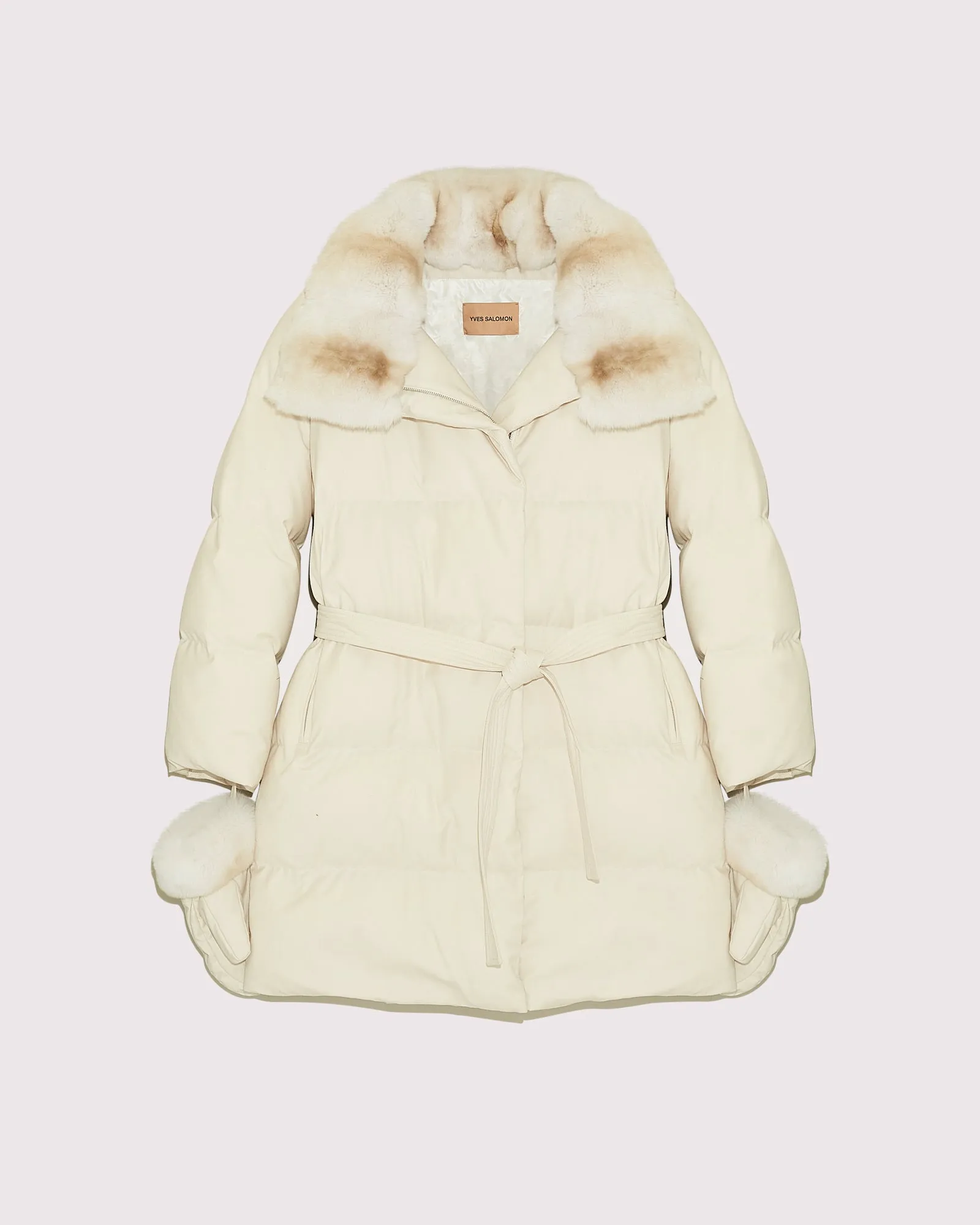 Belted down jacket in waterproof flannel fabric with chinchilla collar