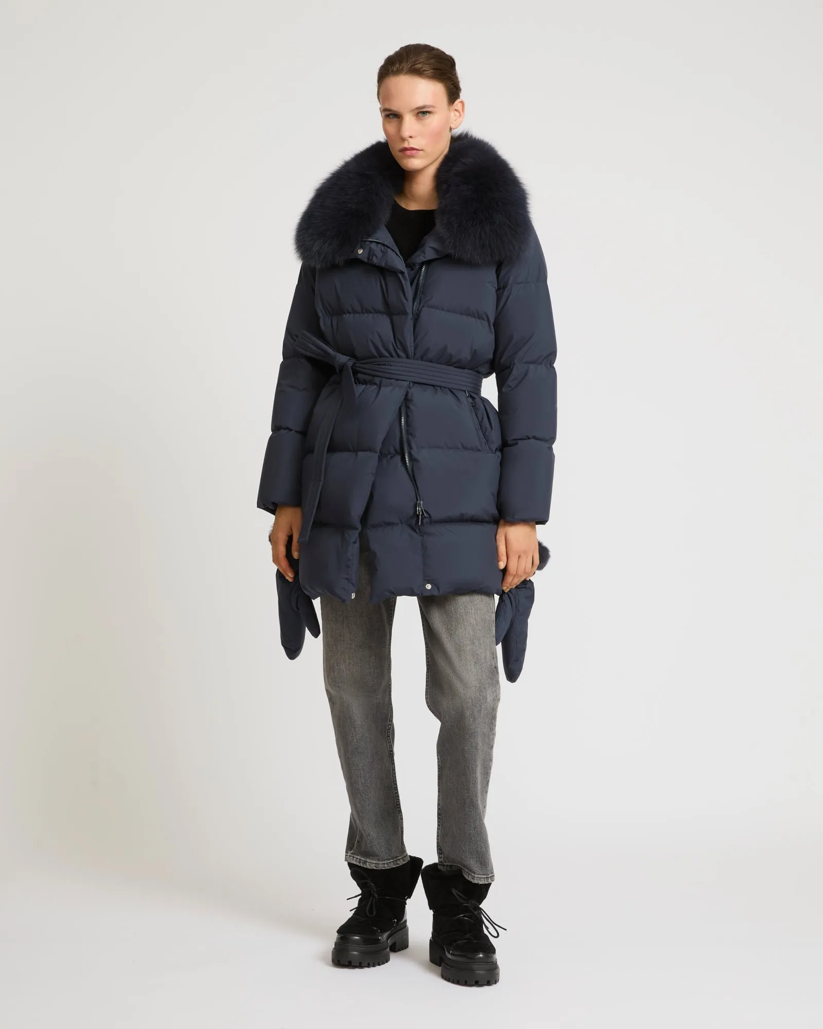 Belted down jacket in waterproof technical fabric with fox and rabbit fur