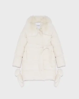 Belted down jacket in waterproof technical fabric with fox and rabbit fur