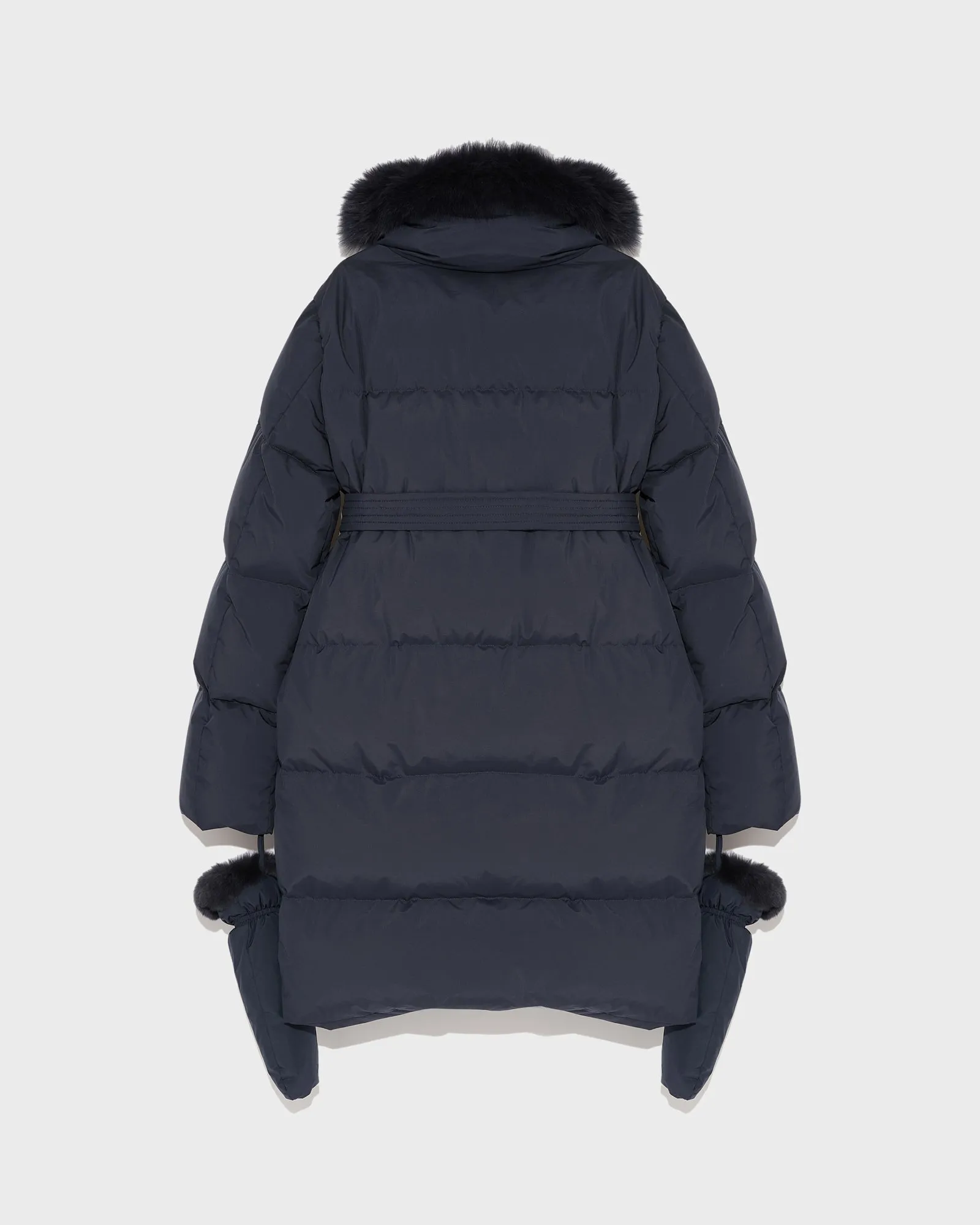 Belted down jacket in waterproof technical fabric with fox and rabbit fur
