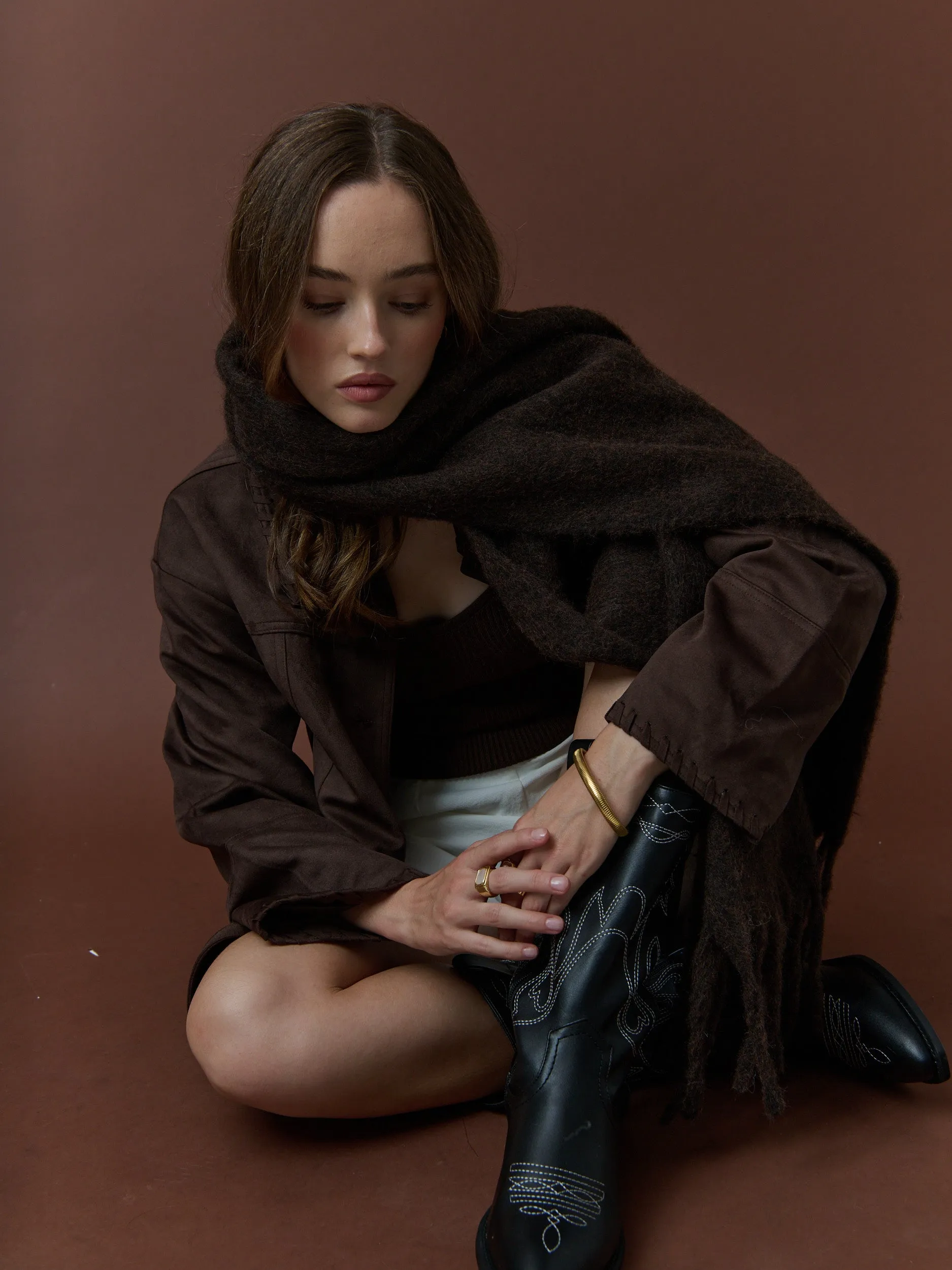 Betty Wool Plain Fluffy Scarf in Brown