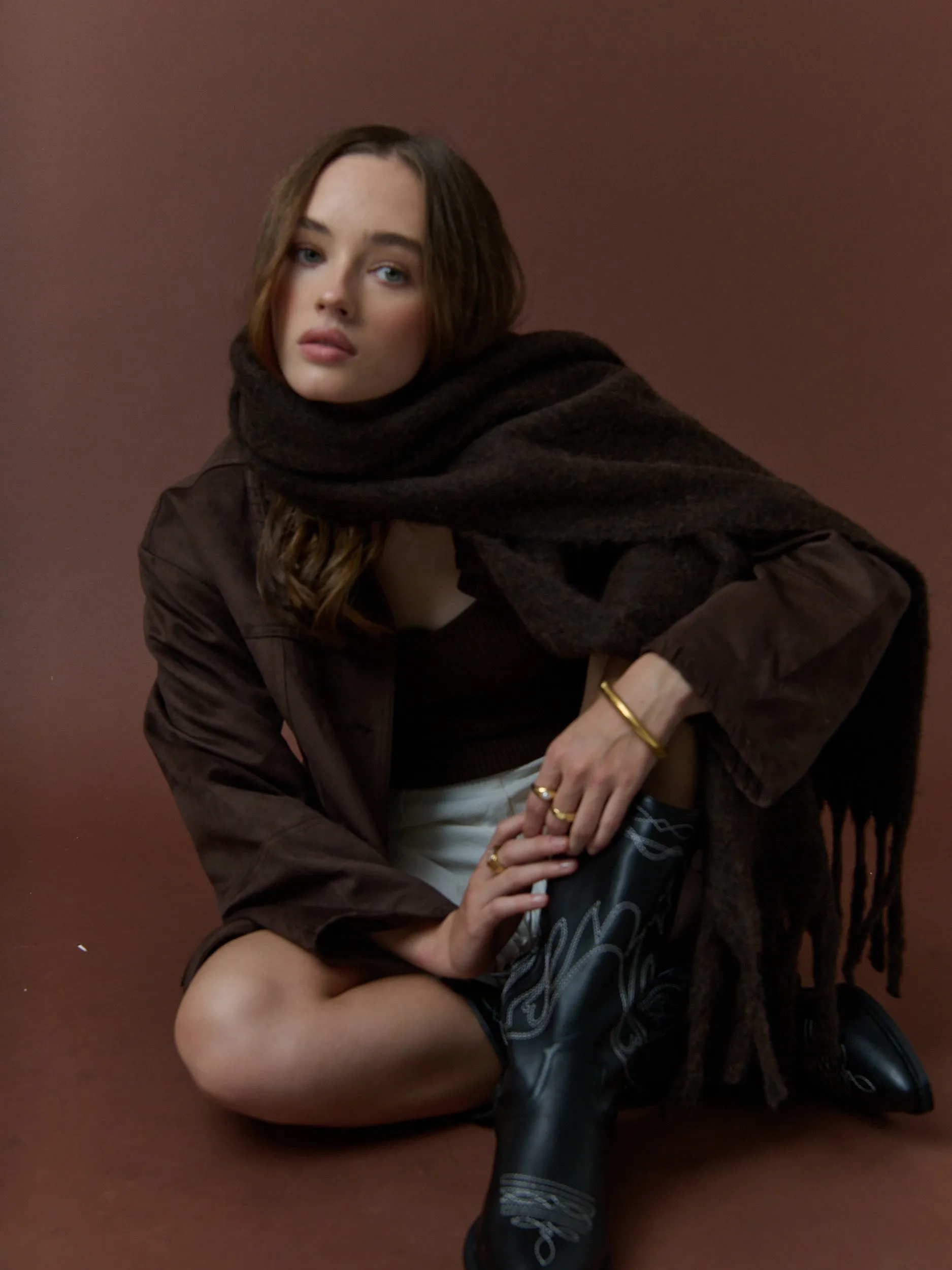 Betty Wool Plain Fluffy Scarf in Brown