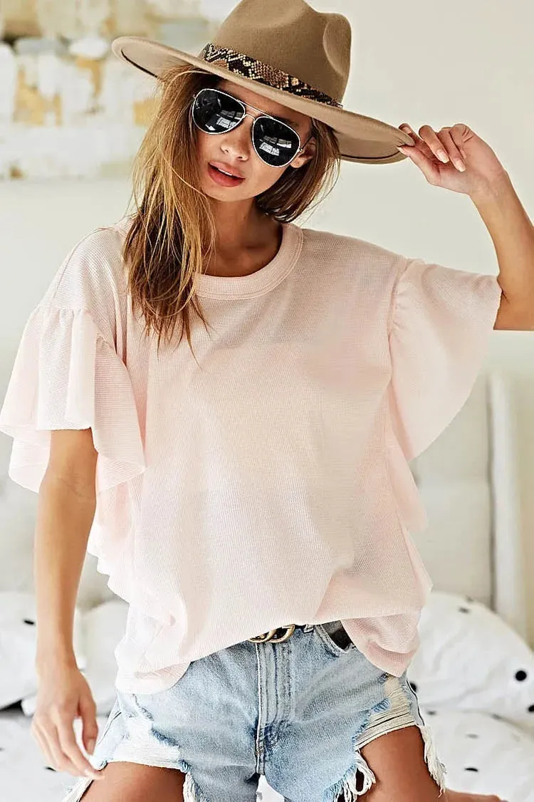 BiBi Thermal Knit with Ruffled Sleeve Top