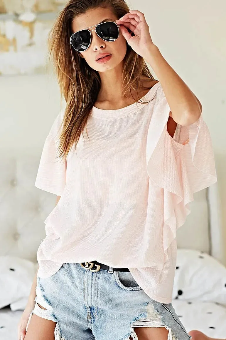 BiBi Thermal Knit with Ruffled Sleeve Top