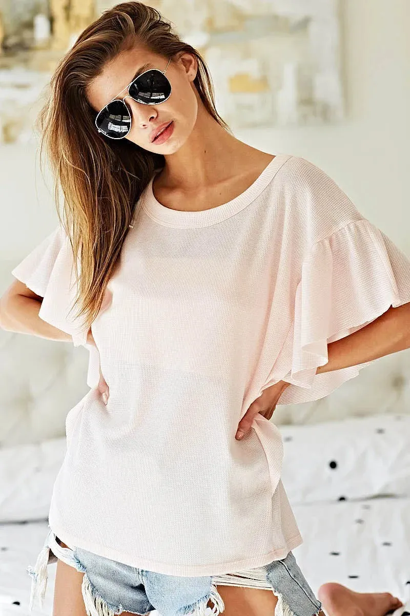 BiBi Thermal Knit with Ruffled Sleeve Top