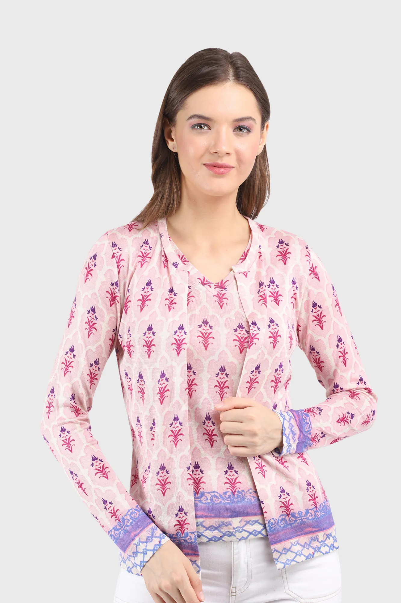Blush Pink Floral Silk Wool Cashmere Twin Set
