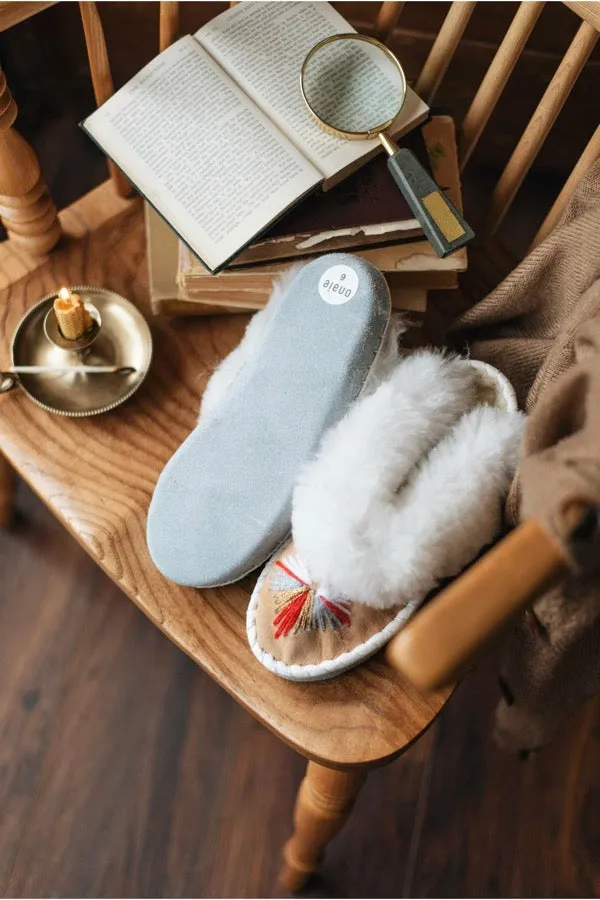 Butterfly White Sheepskin Mule Slippers