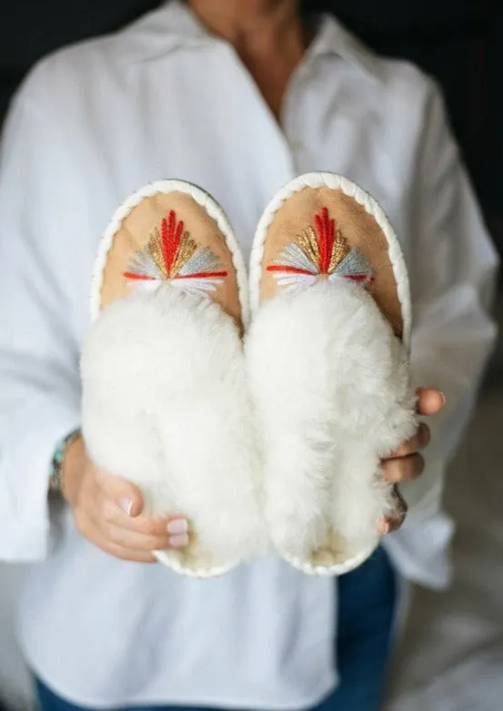 Butterfly White Sheepskin Mule Slippers