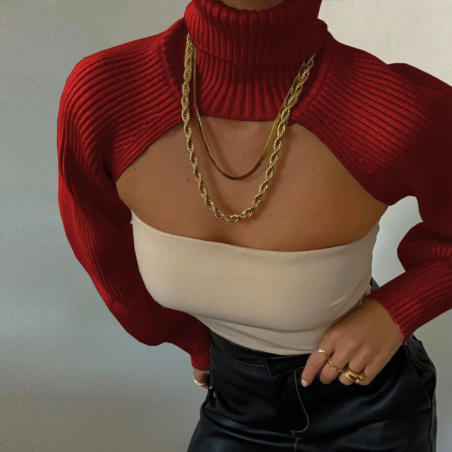 Casual Turtleneck Lantern Sleeve Cutout Cropped Knit Sweater Pink