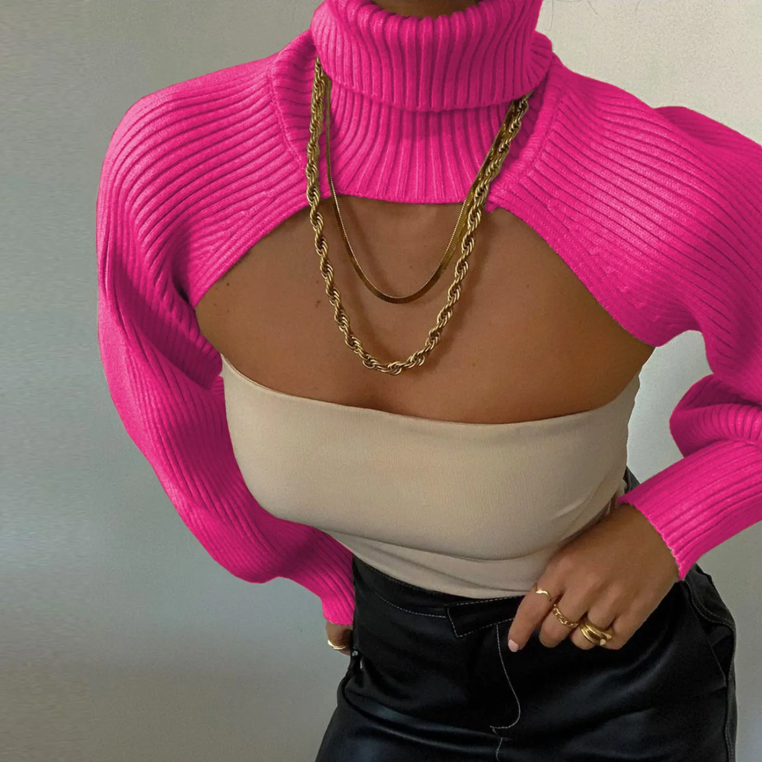 Casual Turtleneck Lantern Sleeve Cutout Cropped Knit Sweater Pink