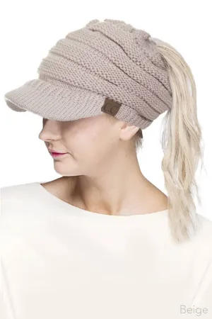 C.C Knit Brim Messy Bun Ponytail Beanie: Beige