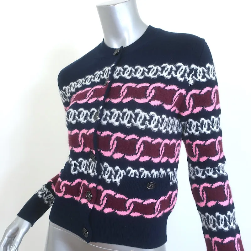 Chanel 23B Chain Link Intarsia Knit Cardigan Navy Cashmere-Blend Size 34