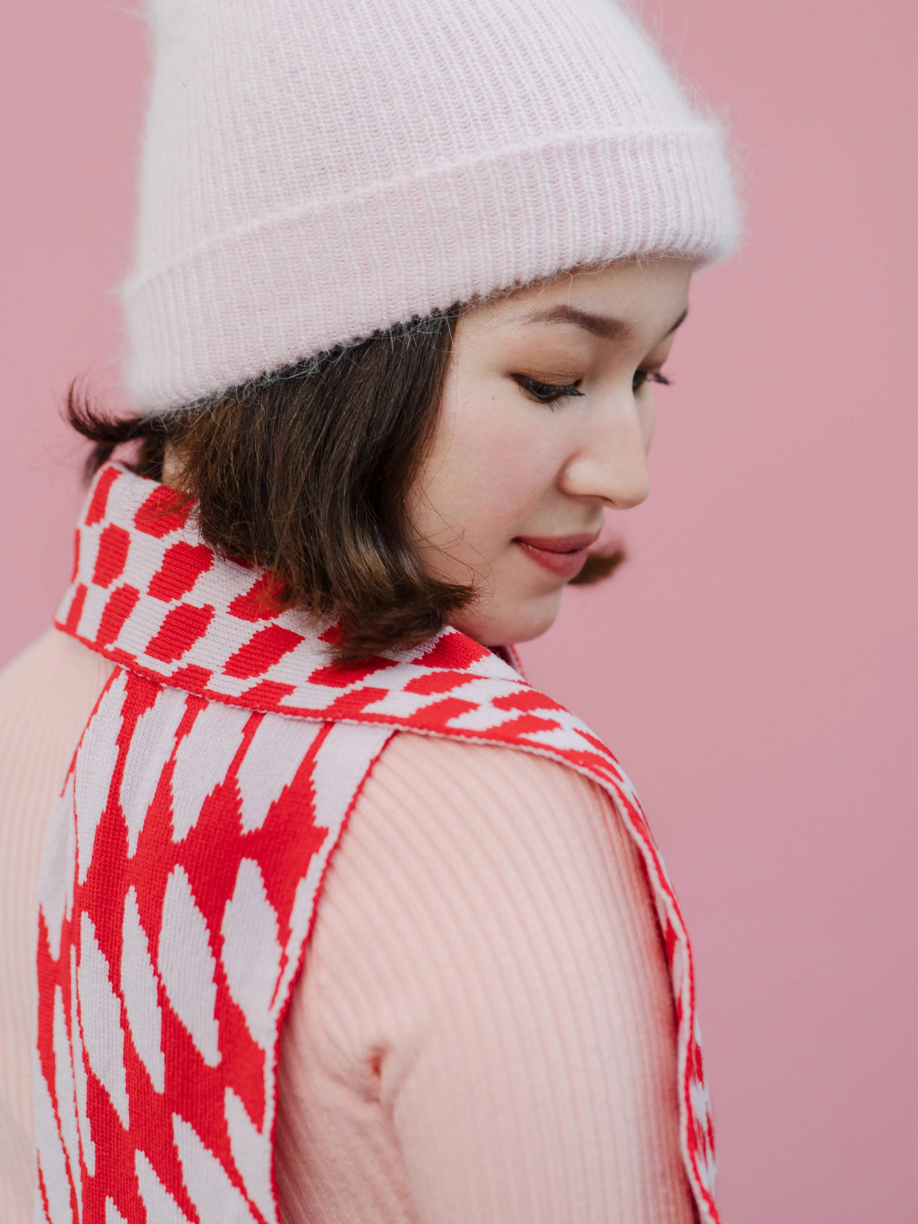 Checkered Wool and Cashmere Scarf in Blush Pink and Red