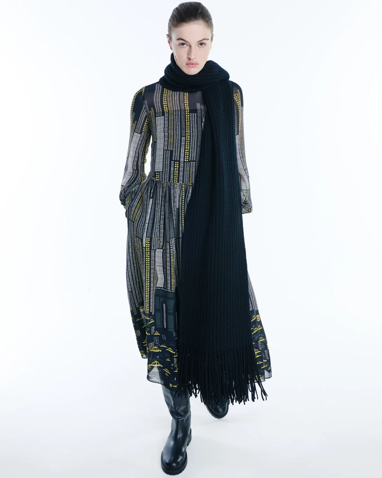 Chunky Wool Cashmere Knit Scarf with Fringe