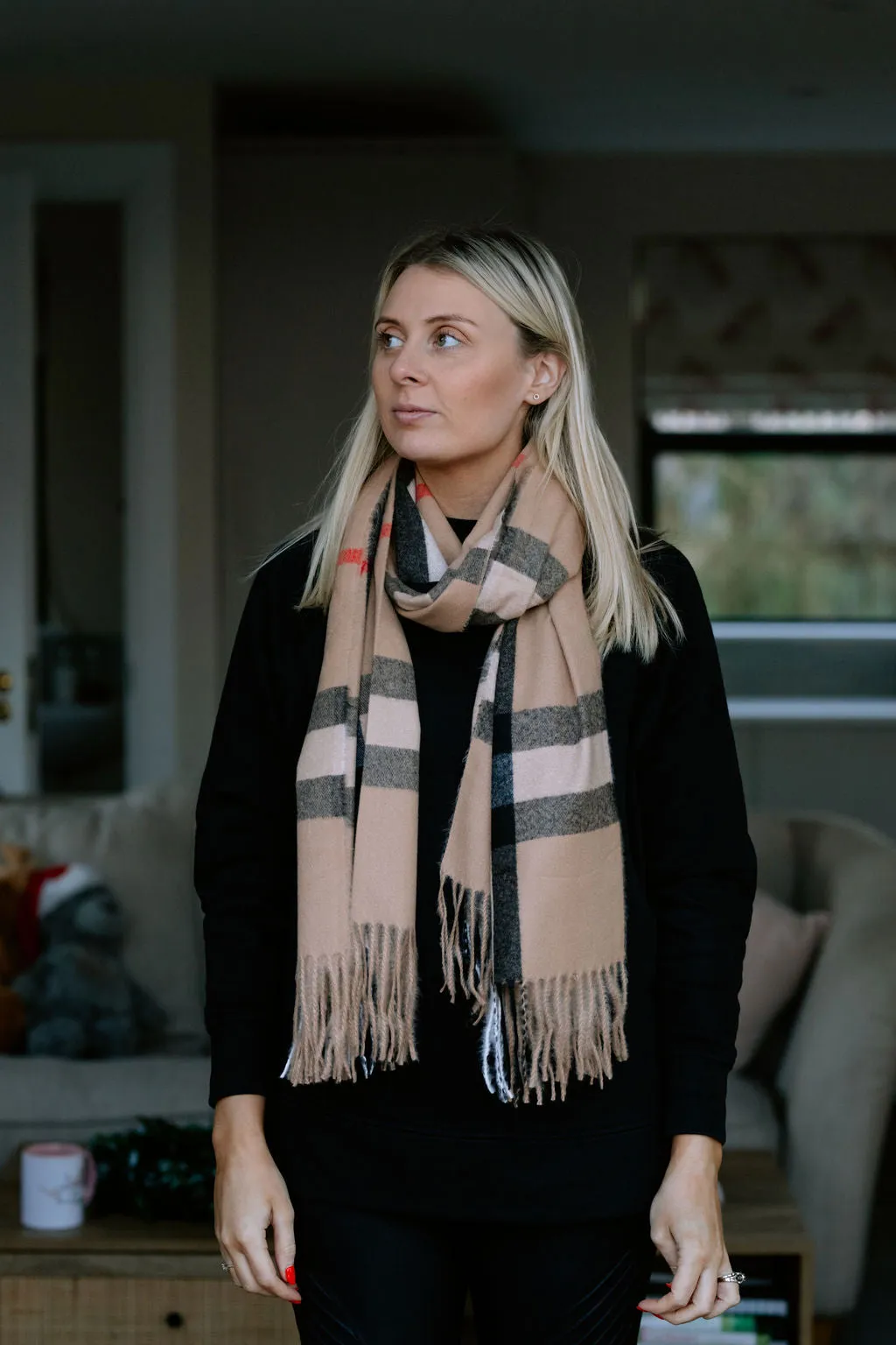 Classic Beige Checked Tanya Personalised Scarf