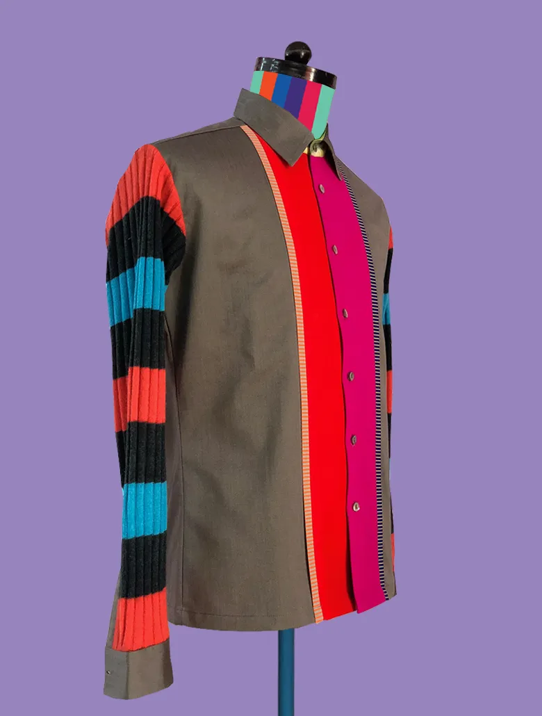 Cotton Shirt with Knitted Stripe Sleeves