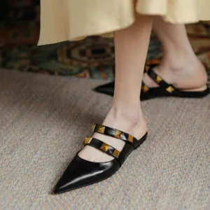 Cow Leather Shoes Women Outside Fashion Rivets Slippers Slides