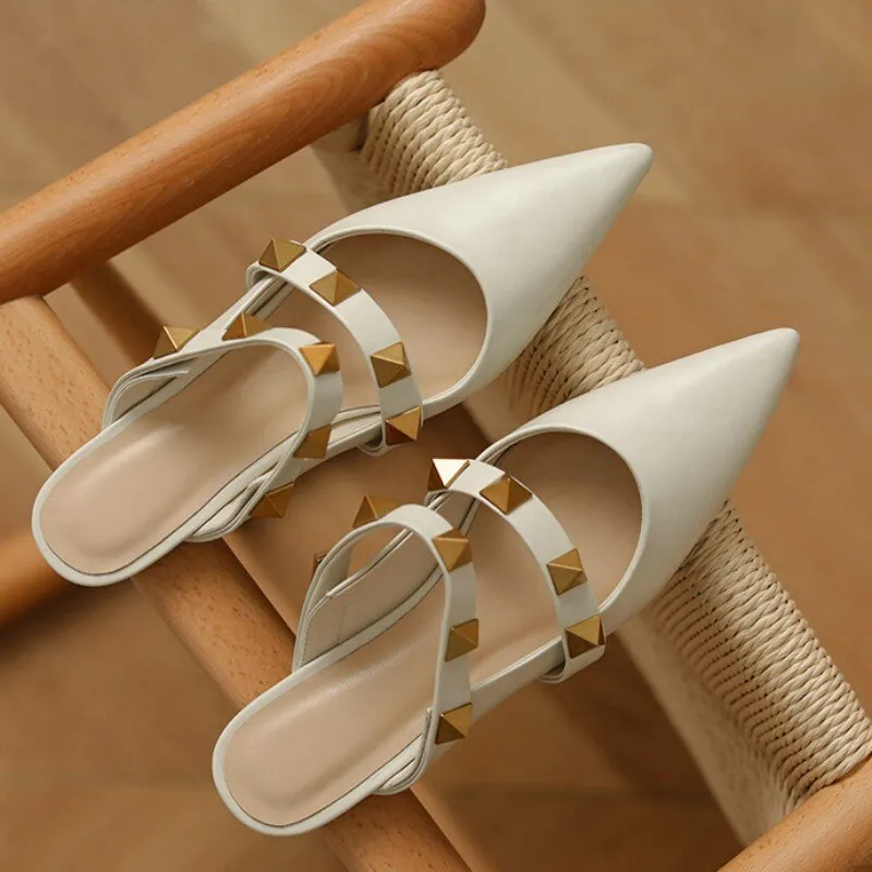 Cow Leather Shoes Women Outside Fashion Rivets Slippers Slides
