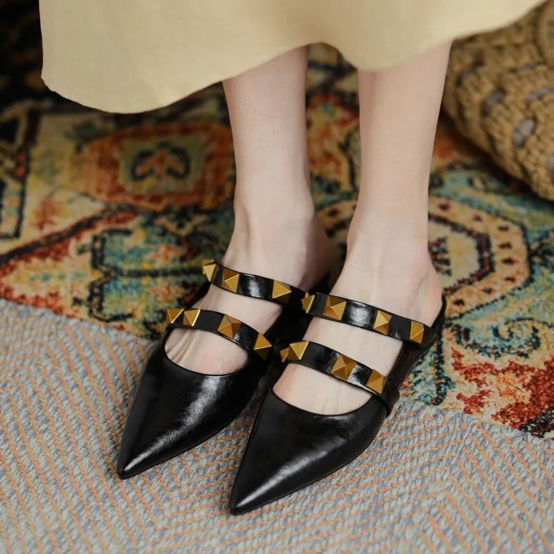 Cow Leather Shoes Women Outside Fashion Rivets Slippers Slides