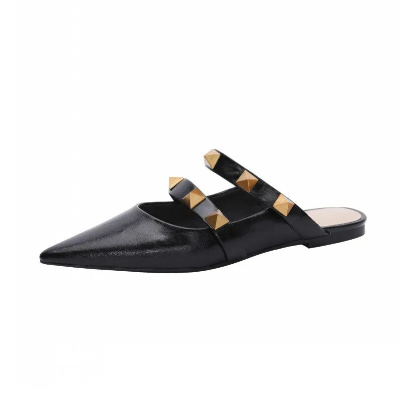 Cow Leather Shoes Women Outside Fashion Rivets Slippers Slides