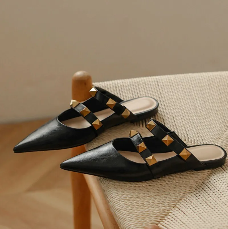 Cow Leather Shoes Women Outside Fashion Rivets Slippers Slides