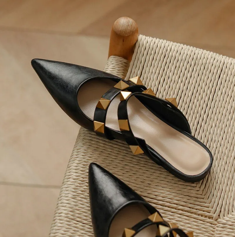 Cow Leather Shoes Women Outside Fashion Rivets Slippers Slides