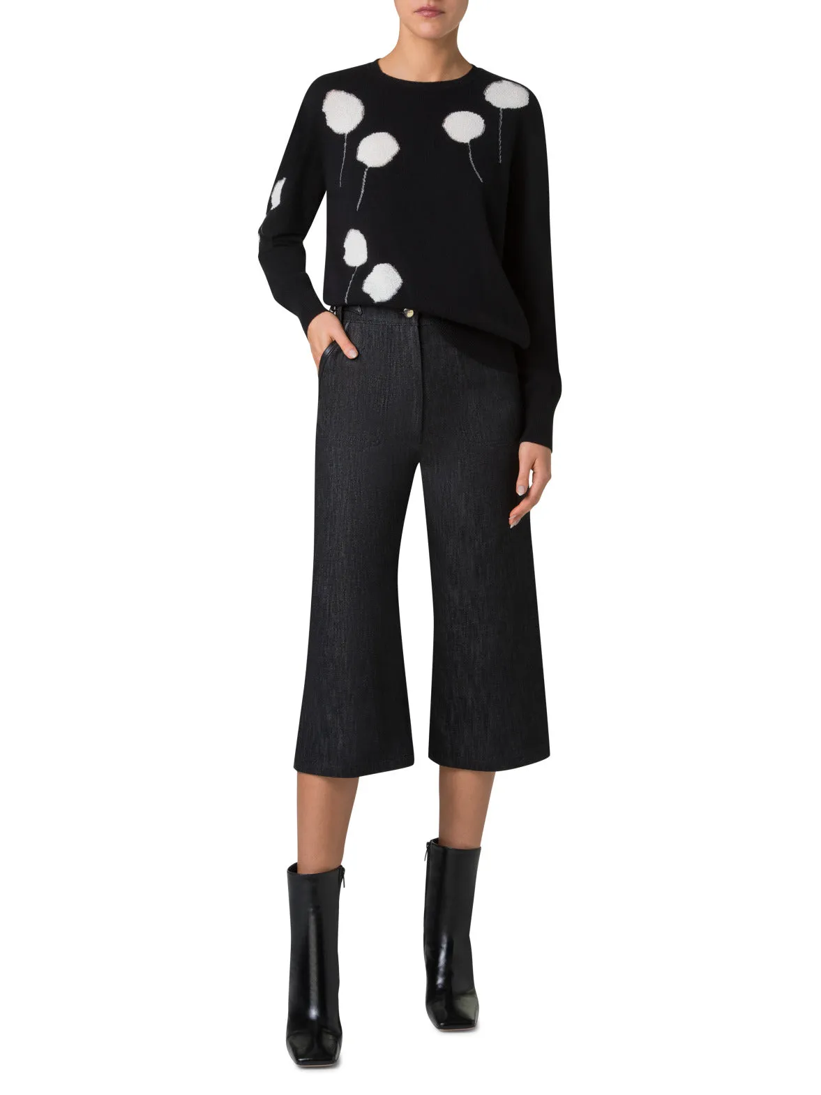Crewneck Sweater in Cashmere with Dandelion Intarsia