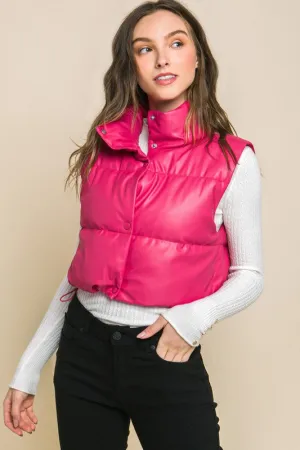 Cropped PU Faux Leather Lined Puffer Vest