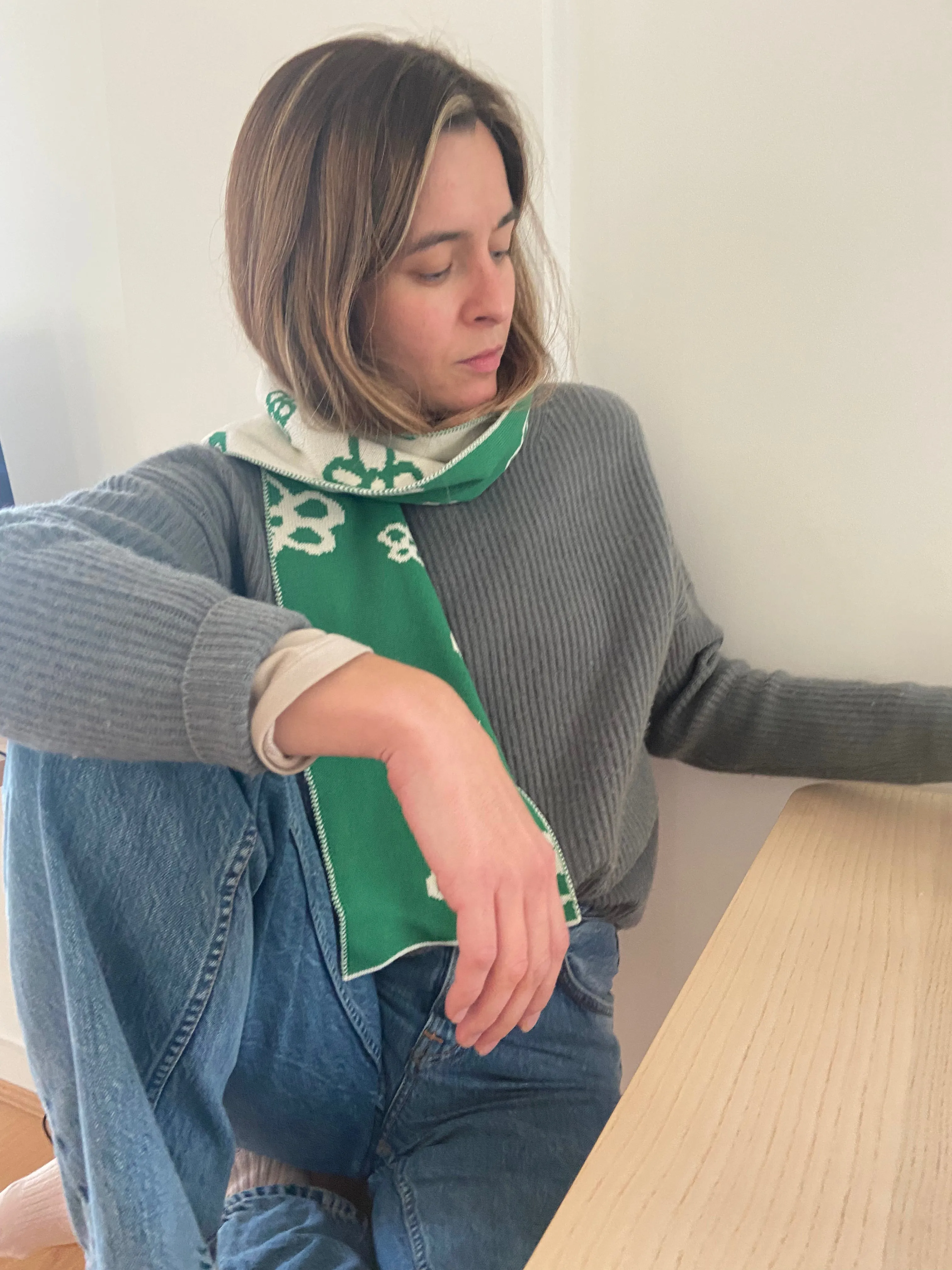Daisy Wool and Cashmere Scarf in Jade Green Made to Order