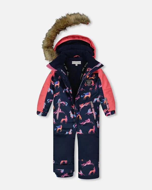 deux par deux Girls One Piece Snowsuit - Navy Printed Unicorn