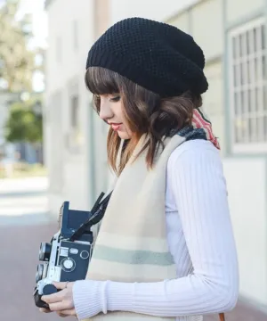Elegant Black Waffle Knit Slouch Beanie