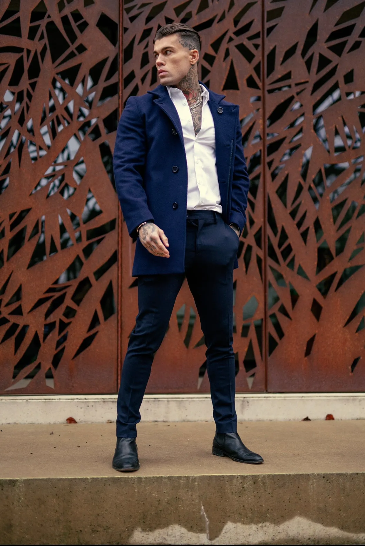 Father Sons Slim Cashmere Funnel Neck Coat Navy - FSCOAT003